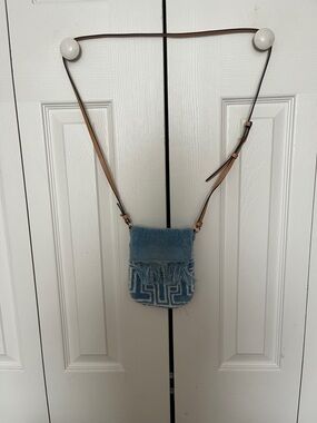 Tory Burch Light Blue Fringe Crossbody Bag with Tan Strap